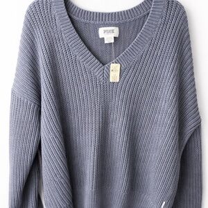 PINK Victoria’s Secret Chunky Knit V-Neck Sweater | Blue-Gray | Size L | NWT